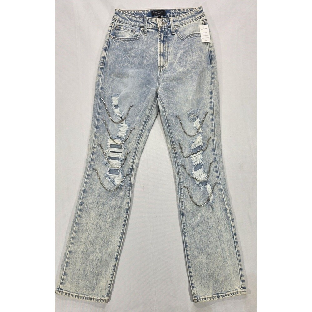 Juicy Couture Destroyed Rhinestone Jeans 26 Straight Leg Acid Wash Grunge Glam